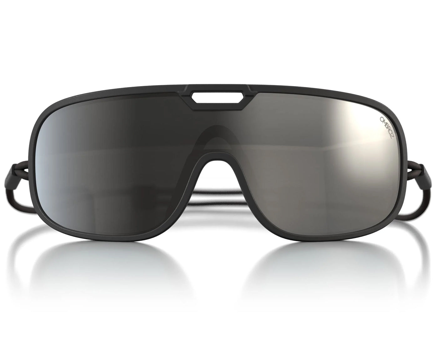 refugio_charcoal_grey_with_silverMirror Close up of Ombraz refugio armless rope sunglasses