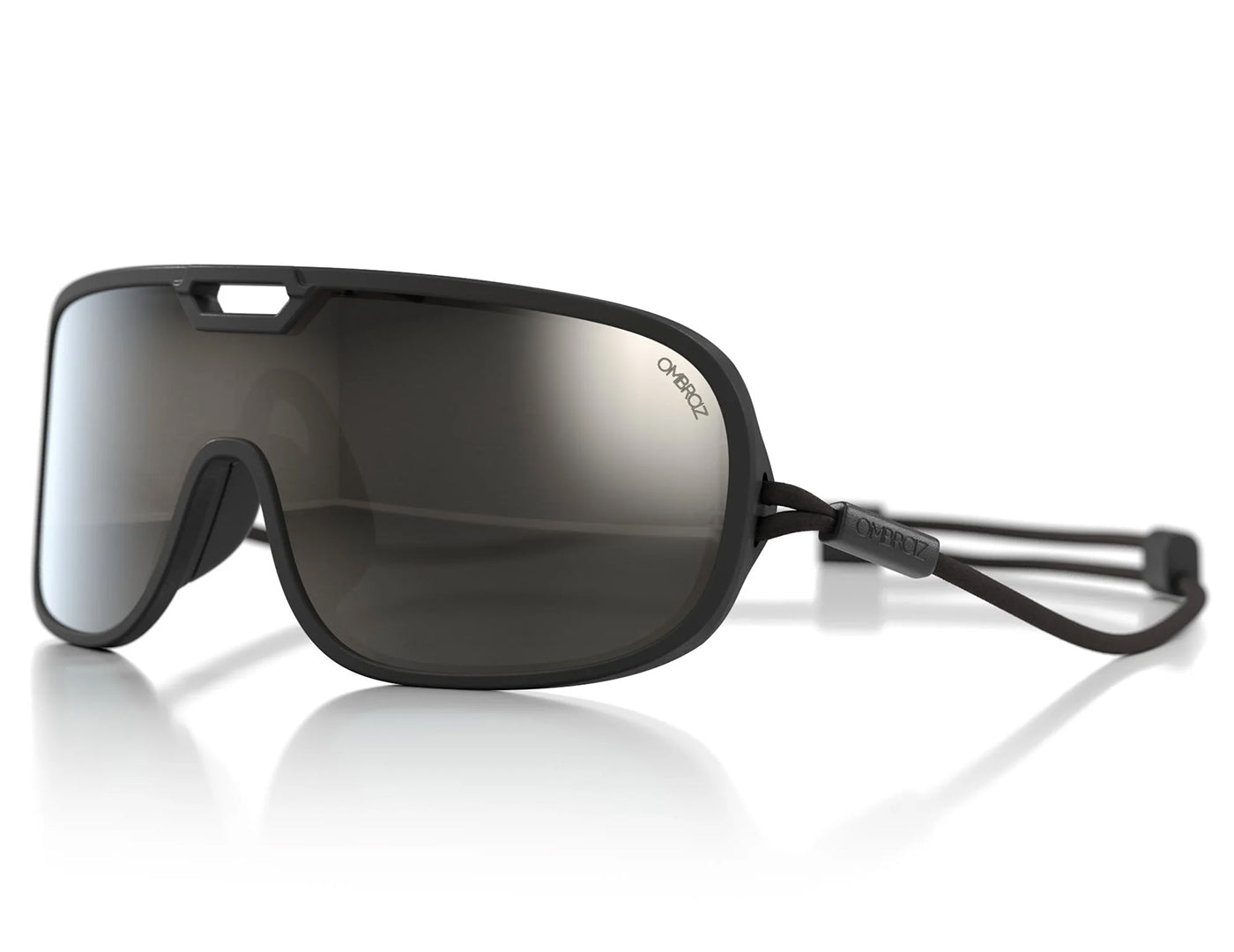 refugio_charcoal_grey_with_silverMirror Close up of Ombraz refugio armless rope sunglasses