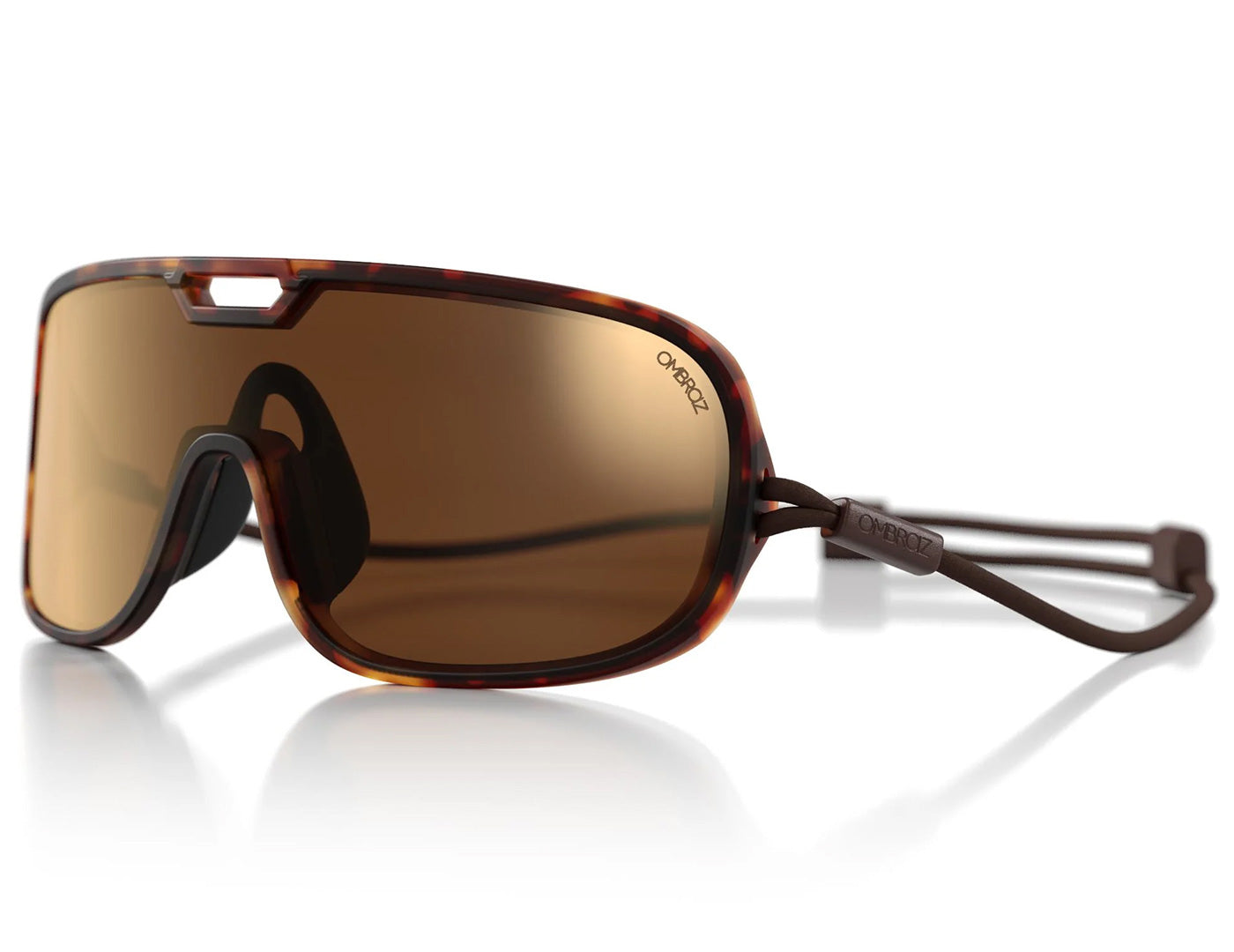refugio_tortoise_brown_with_bronzeflashMirror Close up of Ombraz refugio armless rope sunglasses