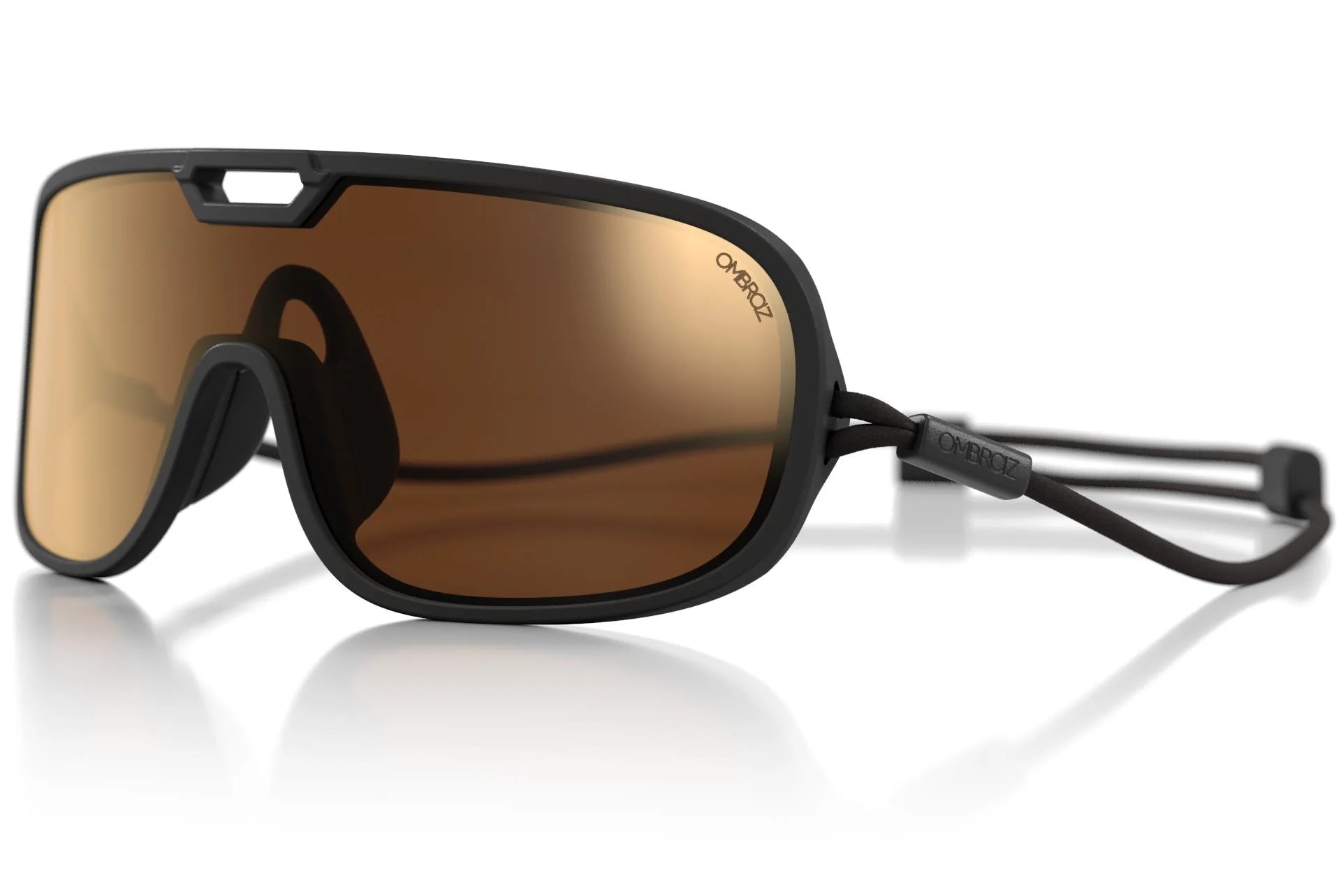 refugio_charcoal_brown_with_bronzeflashMirror Close up of Ombraz refugio armless rope sunglasses