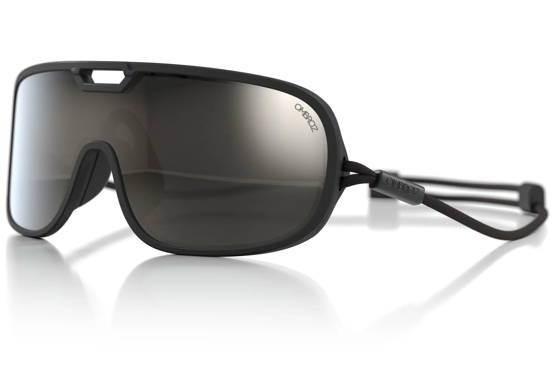 refugio_charcoal_grey_with_silverMirror Close up of Ombraz refugio armless rope sunglasses