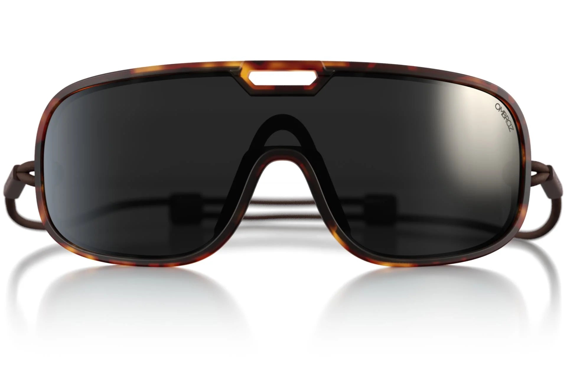 refugio_tortoise_grey_with_blackMirror Close up of Ombraz refugio armless rope sunglasses
