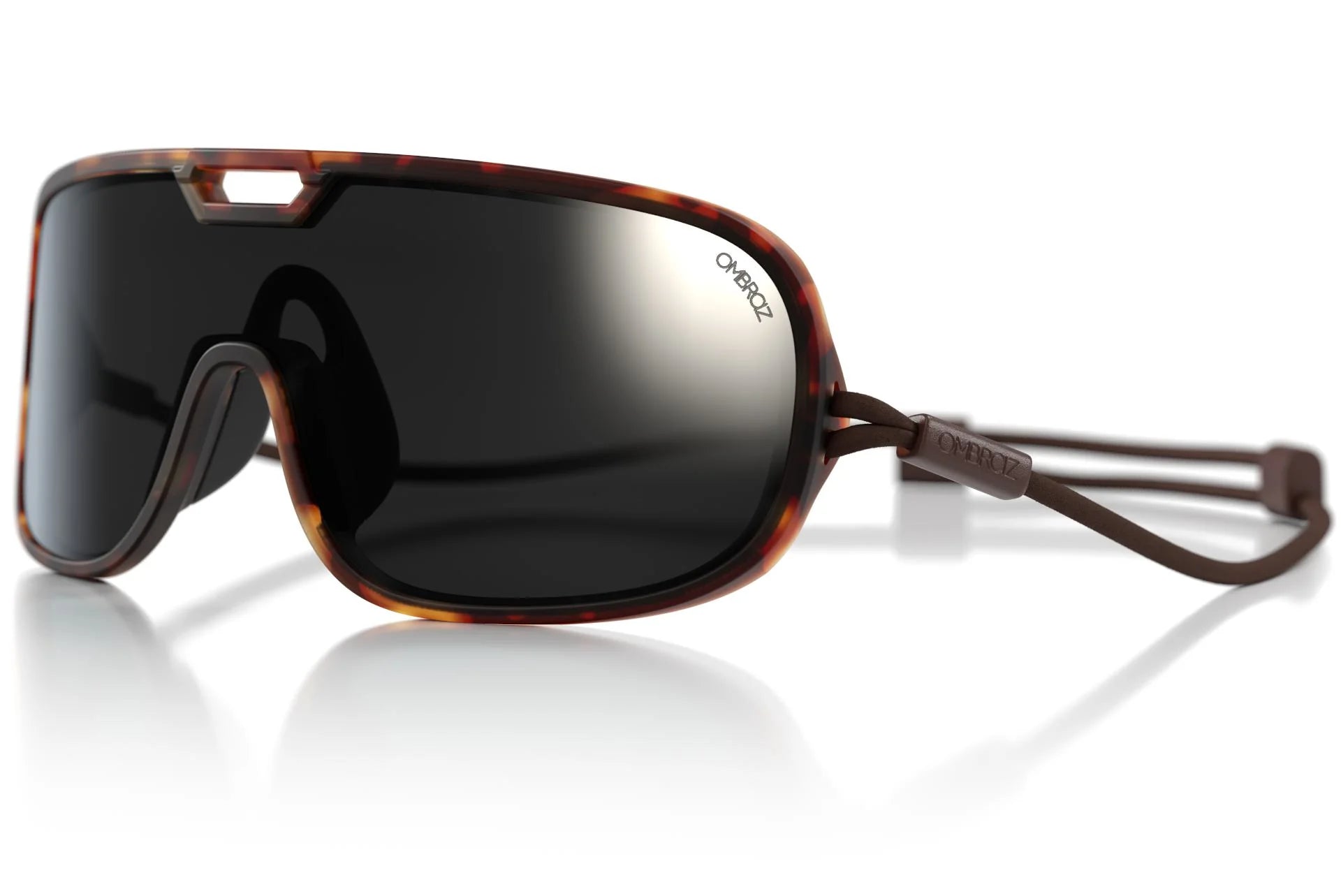 refugio_tortoise_grey_with_blackMirror Close up of Ombraz refugio armless rope sunglasses