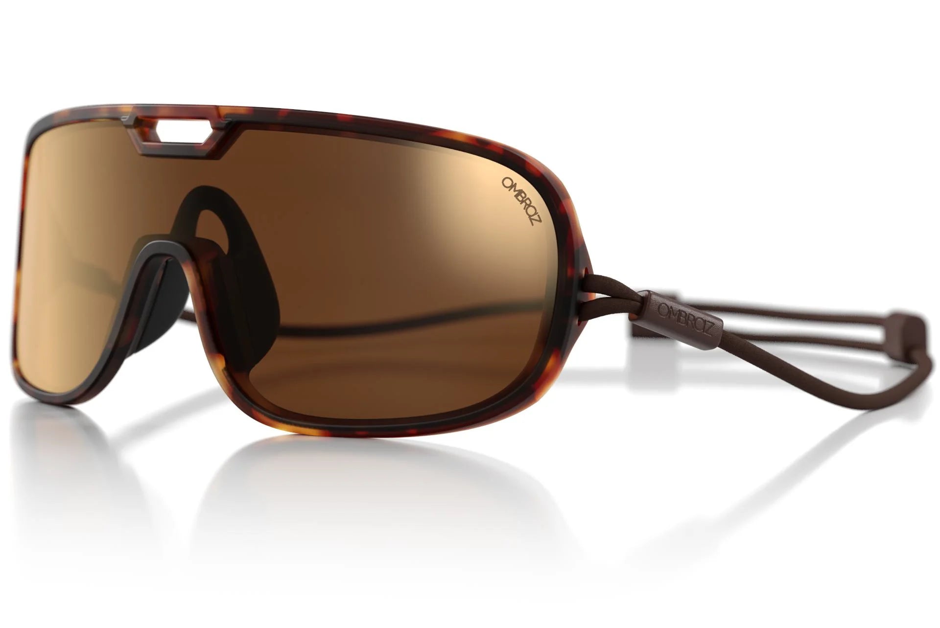 refugio_tortoise_brown_with_bronzeflashMirror Close up of Ombraz refugio armless rope sunglasses