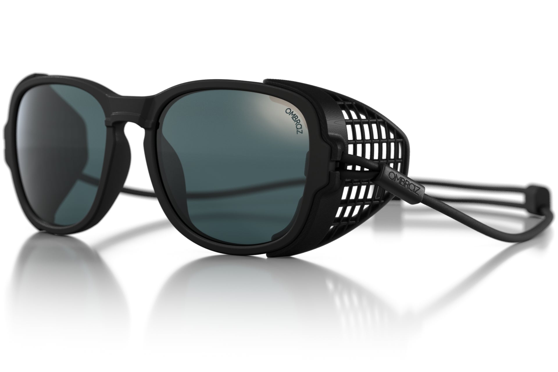 Tortoise_grey Spinning man wearing Ombraz classic tortoise grey armless sunglasses with cord