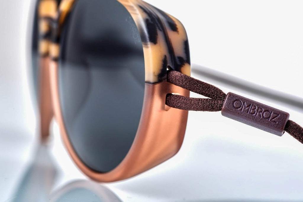 dolomite_slate_grey Close up of unisex Ombraz dolomite armless sunglasses with strap