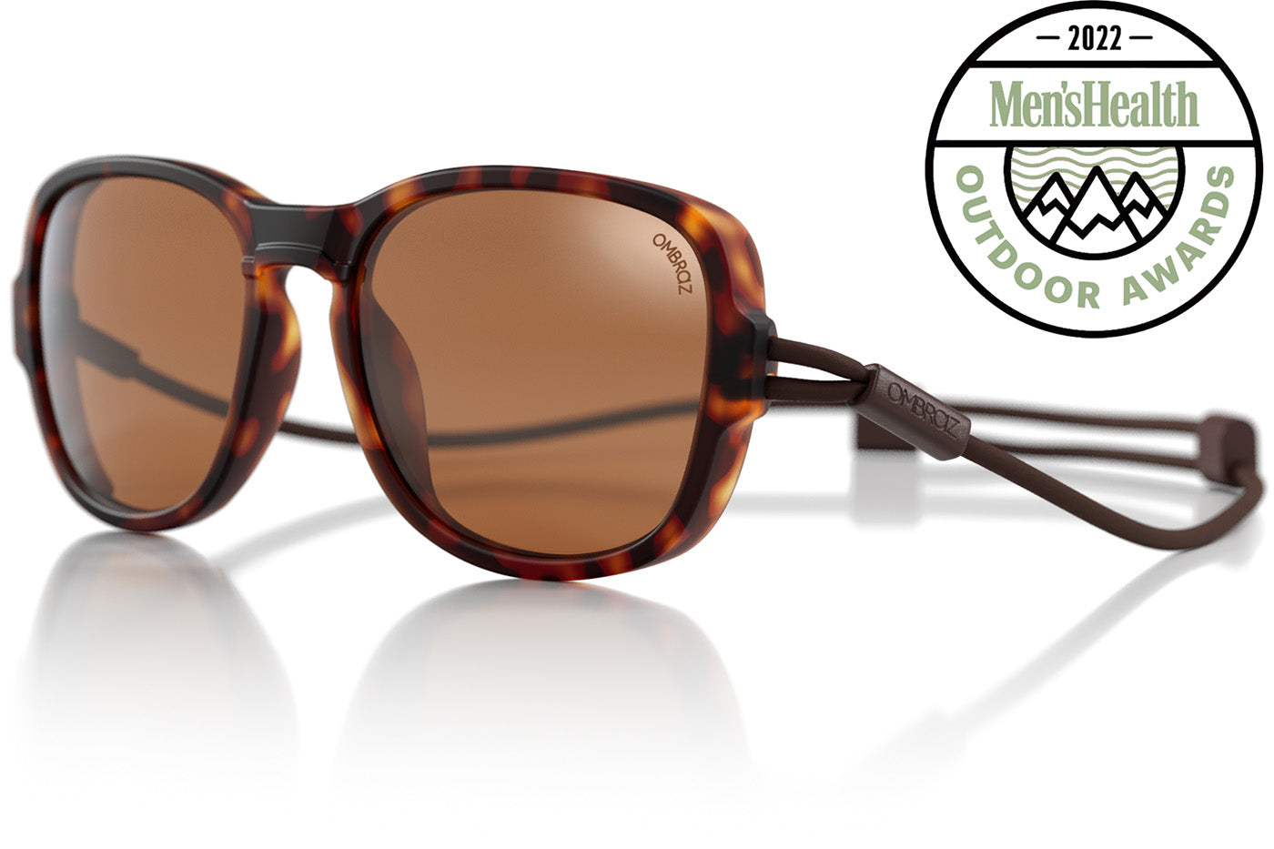 TETON_TORTOISE_BROWN Side angle of Ombraz tortoise teton sunglasses with strap