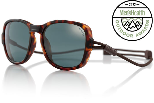 TETON_TORTOISE_GREY Side angle of Ombraz teton sunglasses without arms