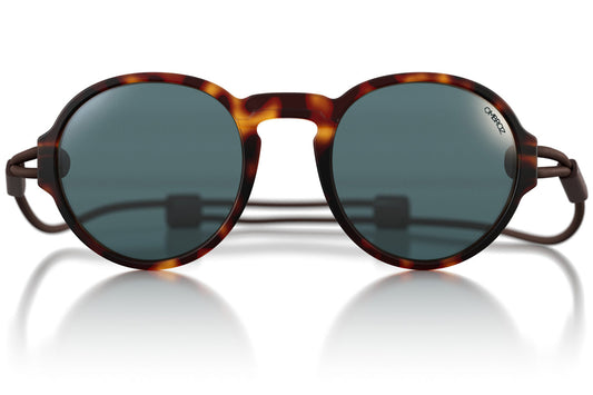 VIALE_TORTOISE_GREY Close up of Ombraz viale armless rope sunglasses