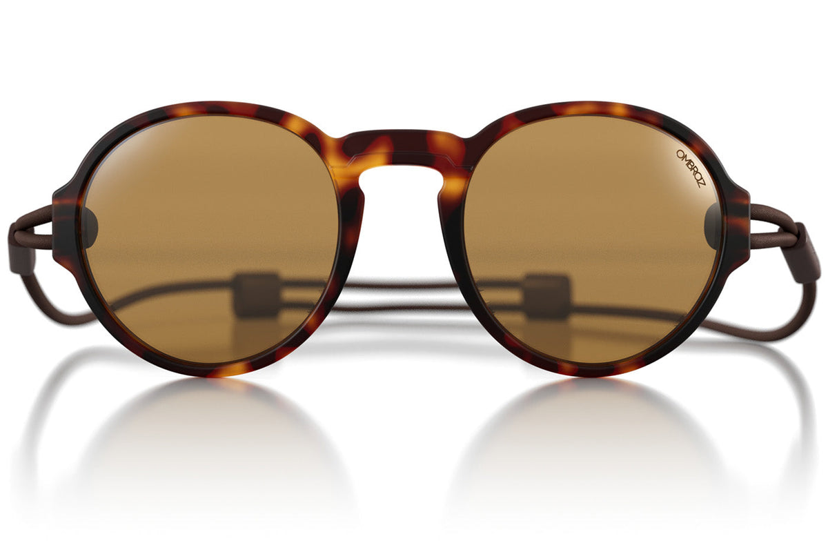 VIALE_TORTOISE_YELLOW Close up of Ombraz armless string sunglasses